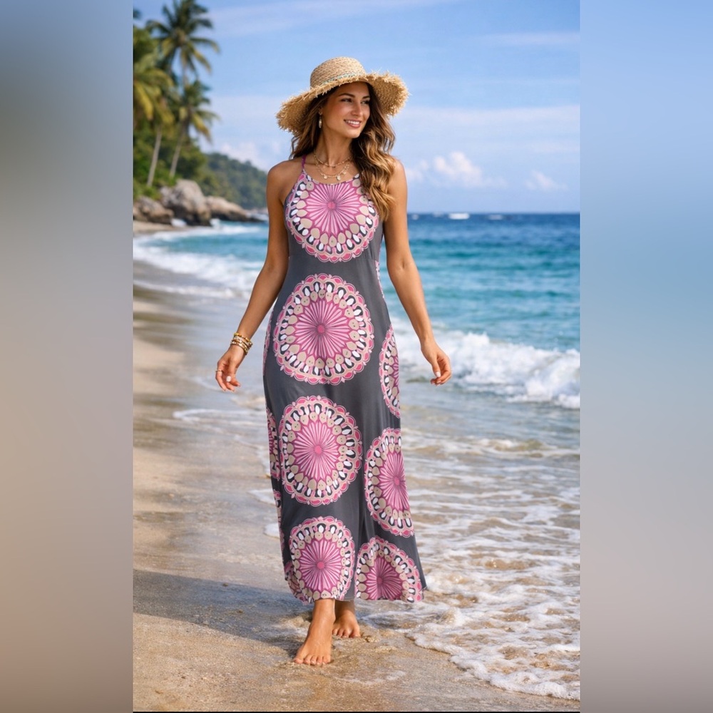 INC Dress Pink Gray White Medium Stretch Long Maxi Sleeveless Washable